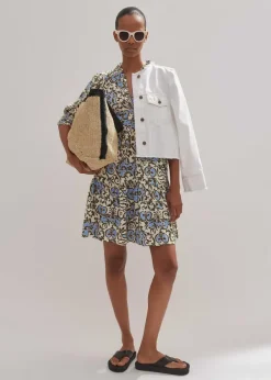 Sale ME+EM Batik Floral Print Short Slub Dress Cream/Blue/Olive