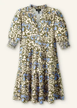 Sale ME+EM Batik Floral Print Short Slub Dress Cream/Blue/Olive
