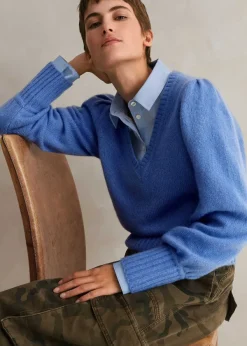 New ME+EM Cashmere Silk V-Neck Jumper Cornflower Blue