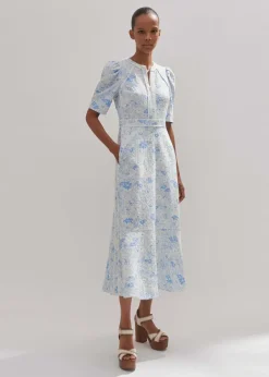 Clearance ME+EM Cotton Jacquard Gardenia Print Maxi Dress Light Cream/Blue