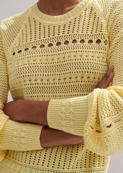 Hot ME+EM Cotton Lace Stitch Raglan Sleeve Jumper Custard