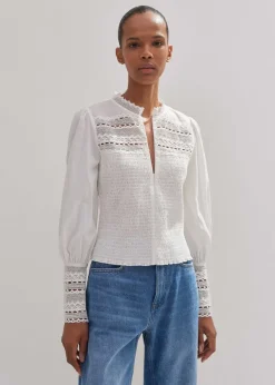 Hot ME+EM Cotton Shirred Lace Trim Top Soft White