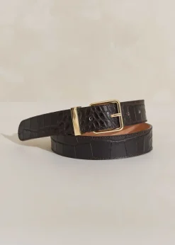 Hot ME+EM Croc-Embossed Leather Belt Chocolate