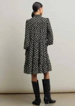 New ME+EM Ginko Leaf Print Short Swing Dress + Belt Black/Brown/Cream