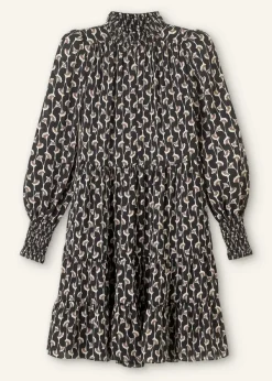 New ME+EM Ginko Leaf Print Short Swing Dress + Belt Black/Brown/Cream