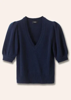 ME+EM Lofty Wool Cashmere Silk V Neck Pouf Sleeve Tee Ink Blue
