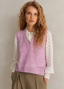 Hot ME+EM Merino Cashmere Silk Lace Stitch V-Neck Vest Blossom Pink