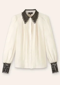 Clearance ME+EM Silk Cotton Embroidered Collar Blouse Cream/Black