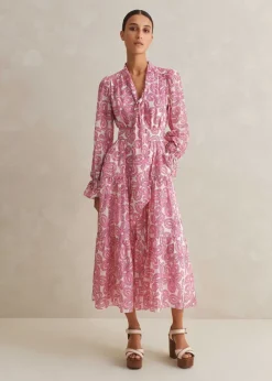 New ME+EM Silk Cotton Flower Print Midi Dress + Belt Pink/Soft White
