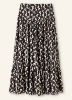 Hot ME+EM Silk Cotton Ginko Leaf Print Skirt + Belt Cream/Black/Brown