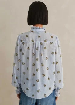 Sale ME+EM Silk Cotton Striped Rose Print Blouse White/Blue-Cinnamon