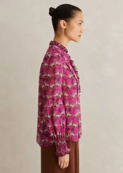 New ME+EM Silk Cotton Waterlily Print Blouse Electric Pink/Black/Pecan