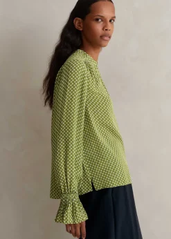 Clearance ME+EM Silk Daisy Flower Print Top + Scarf Black/Bright Olive/Soft White