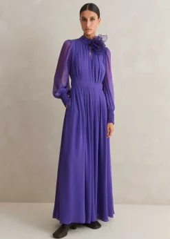 New ME+EM Silk Full-Length Dress With Corsage + Belt Winter Lilac