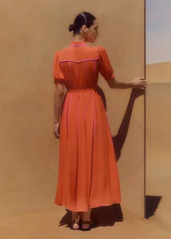 Discount ME+EM Silk Short Sleeve Maxi Dress + Belt Orange Zing/Ultra Pink
