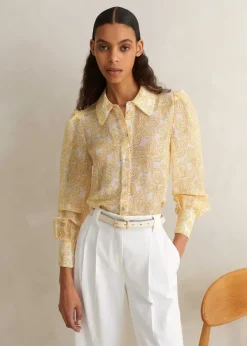 Clearance ME+EM Silk-Linen Lace Print Balloon Sleeve Blouse Light Cream/Yellow/Red
